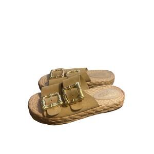 Schutz Enola Rope Flat Sandals Flatform Gold Buckle Brown Suede 7.5B Great!